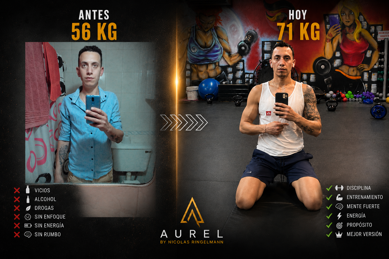 Transformación de Aurel Nicolas: antes 56 kg y hoy 71 kg